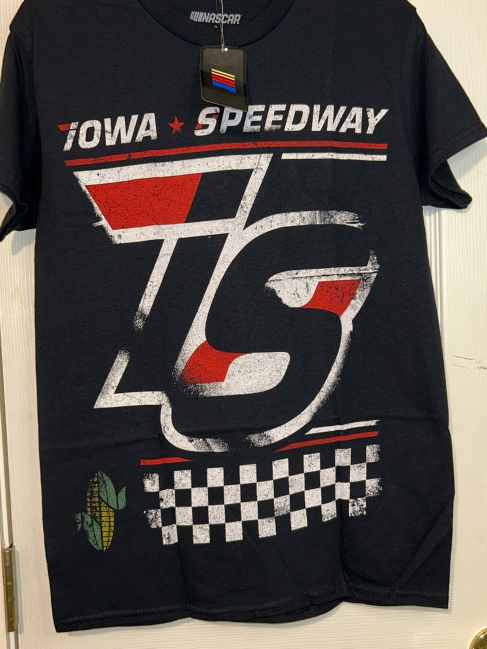 Nascar Iowa Speedway Black Short Sleeve Tee with Red and White Racing Graphic